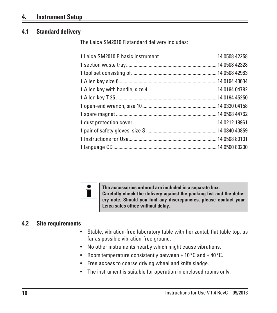 Instrument setup, 1 standard delivery, 2 site requirements | Standard delivery, Site requirements | Leica Biosystems SM2010 R User Manual | Page 12 / 46