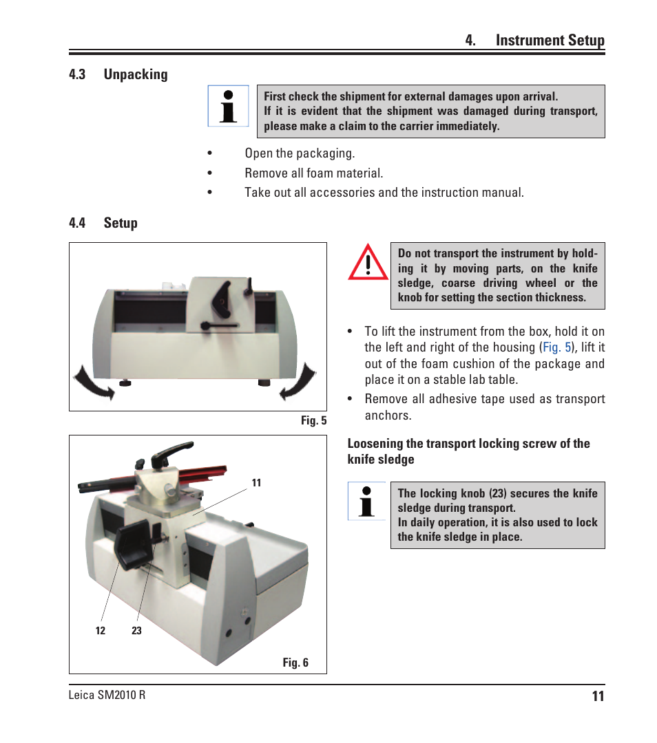 3 unpacking, 4 setup, Instrument setup | Leica Biosystems SM2010 R User Manual | Page 13 / 46
