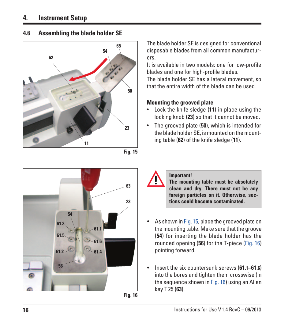 6 assembling the blade holder se, Assembling the blade holder se, Instrument setup | Leica Biosystems SM2010 R User Manual | Page 18 / 46