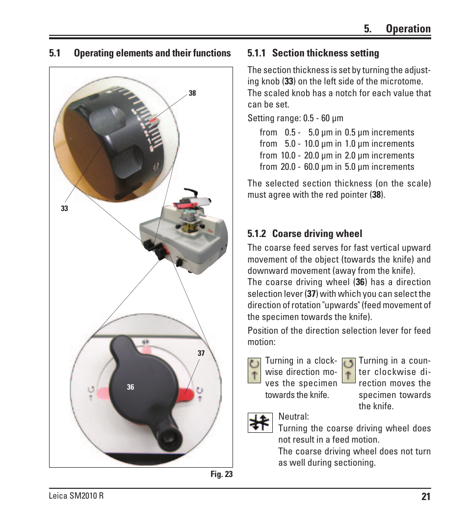 Operation, 1 operating elements and their functions, 1 section thickness setting | 2 coarse driving wheel, Operating elements and their functions | Leica Biosystems SM2010 R User Manual | Page 23 / 46
