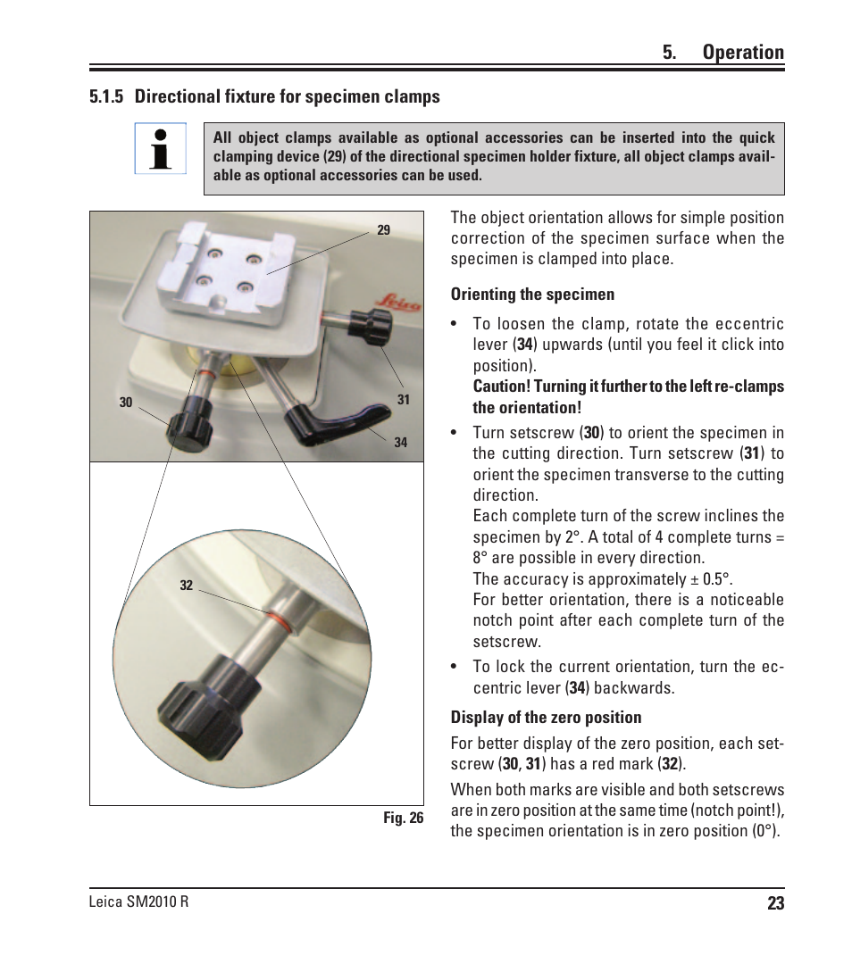 5 directional fixture for specimen clamps, Operation | Leica Biosystems SM2010 R User Manual | Page 25 / 46