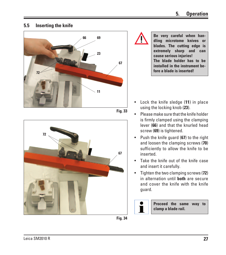 5 inserting the knife, Inserting the knife, Operation | Leica Biosystems SM2010 R User Manual | Page 29 / 46