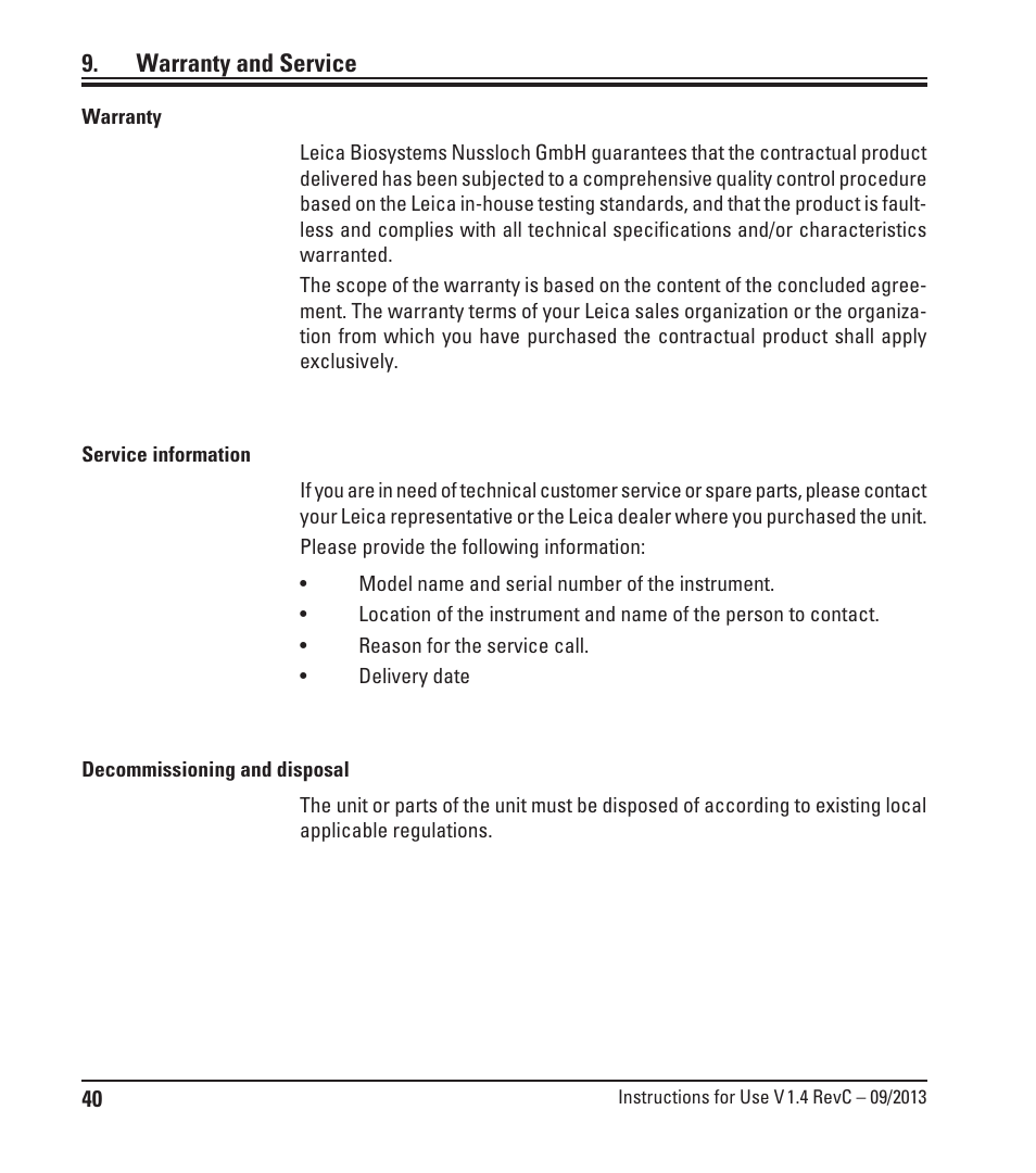 Warranty and service | Leica Biosystems SM2010 R User Manual | Page 42 / 46