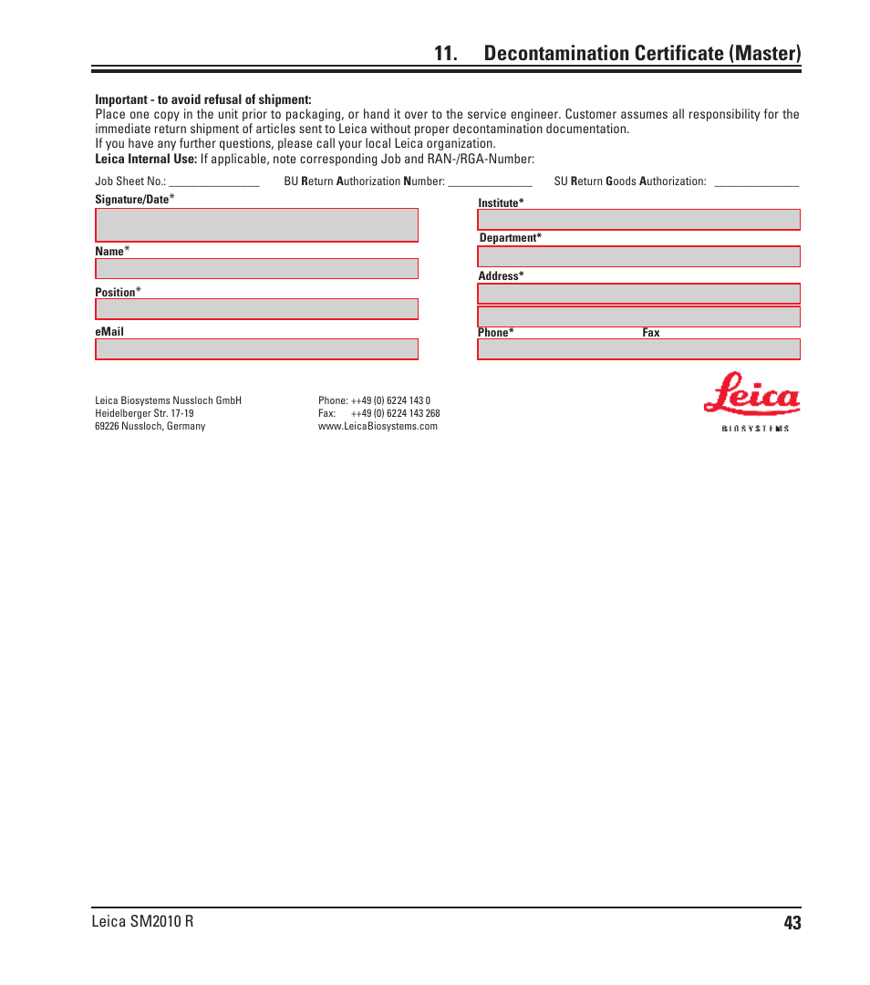 Decontamination certificate, Decontamination certificate (master) | Leica Biosystems SM2010 R User Manual | Page 45 / 46