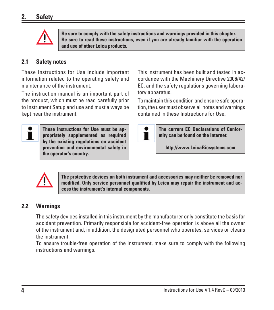 Safety, 1 safety notes, 2 warnings | Safety notes | Leica Biosystems SM2010 R User Manual | Page 6 / 46