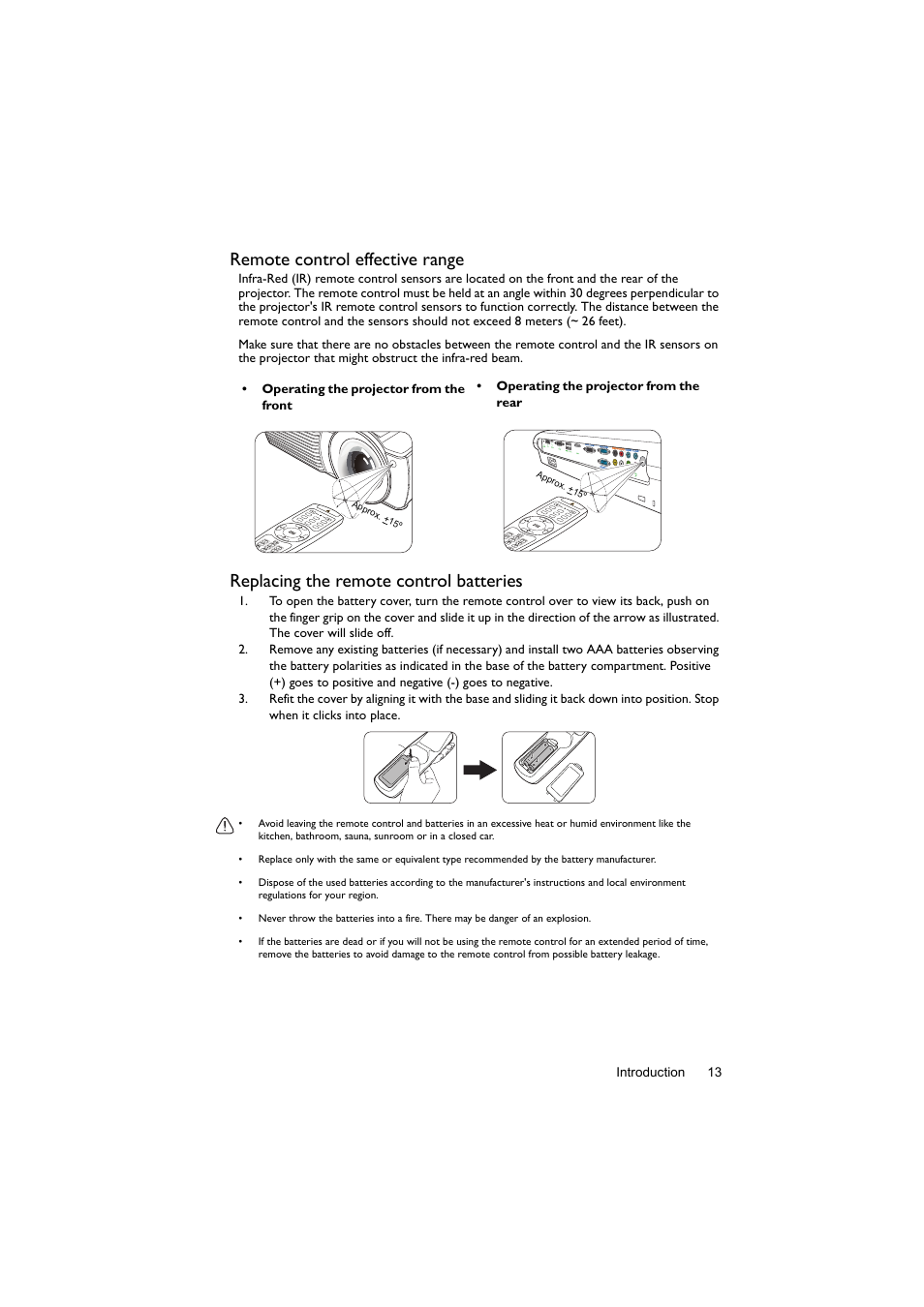 Remote control effective range, Replacing the remote control batteries | BenQ Digital Projector LX60ST User Manual | Page 13 / 60