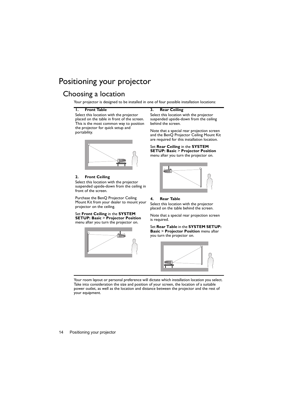 Positioning your projector, Choosing a location | BenQ Digital Projector LX60ST User Manual | Page 14 / 60