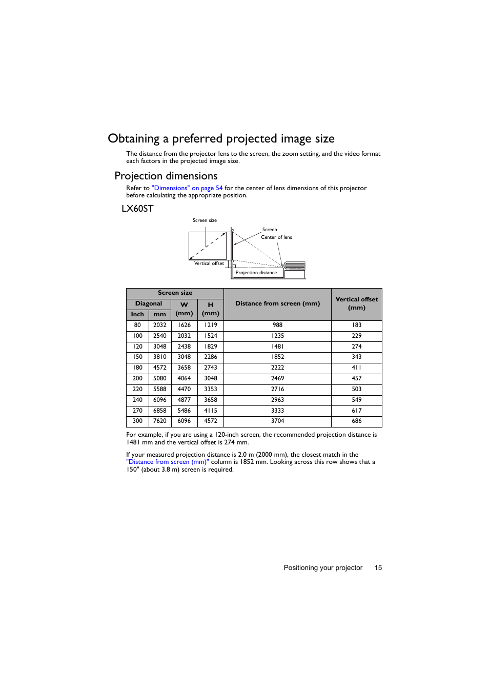 Obtaining a preferred projected image size, Projection dimensions, Lx60st | BenQ Digital Projector LX60ST User Manual | Page 15 / 60
