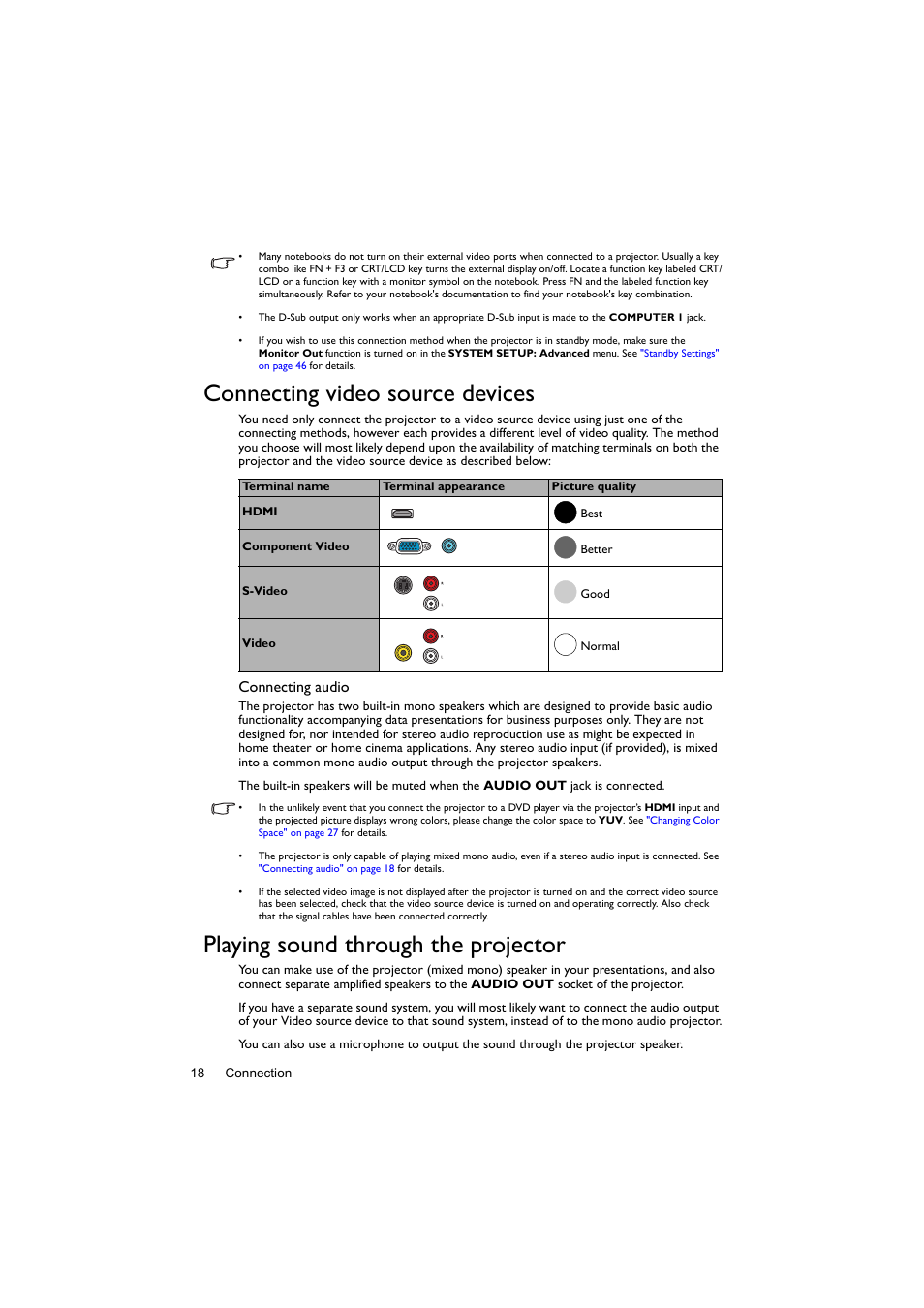 Connecting video source devices, Playing sound through the projector | BenQ Digital Projector LX60ST User Manual | Page 18 / 60