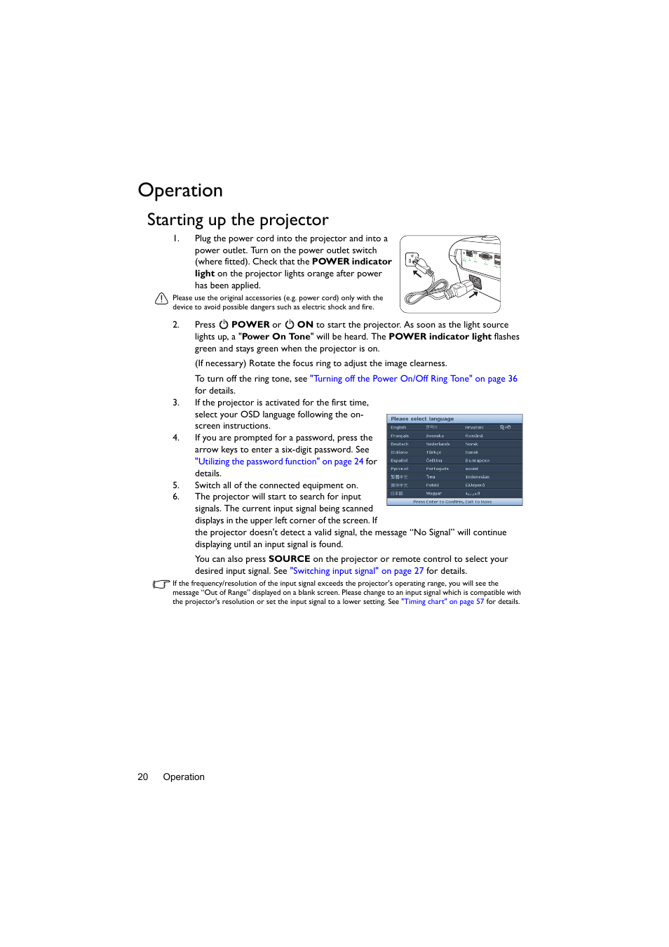 Operation, Starting up the projector | BenQ Digital Projector LX60ST User Manual | Page 20 / 60