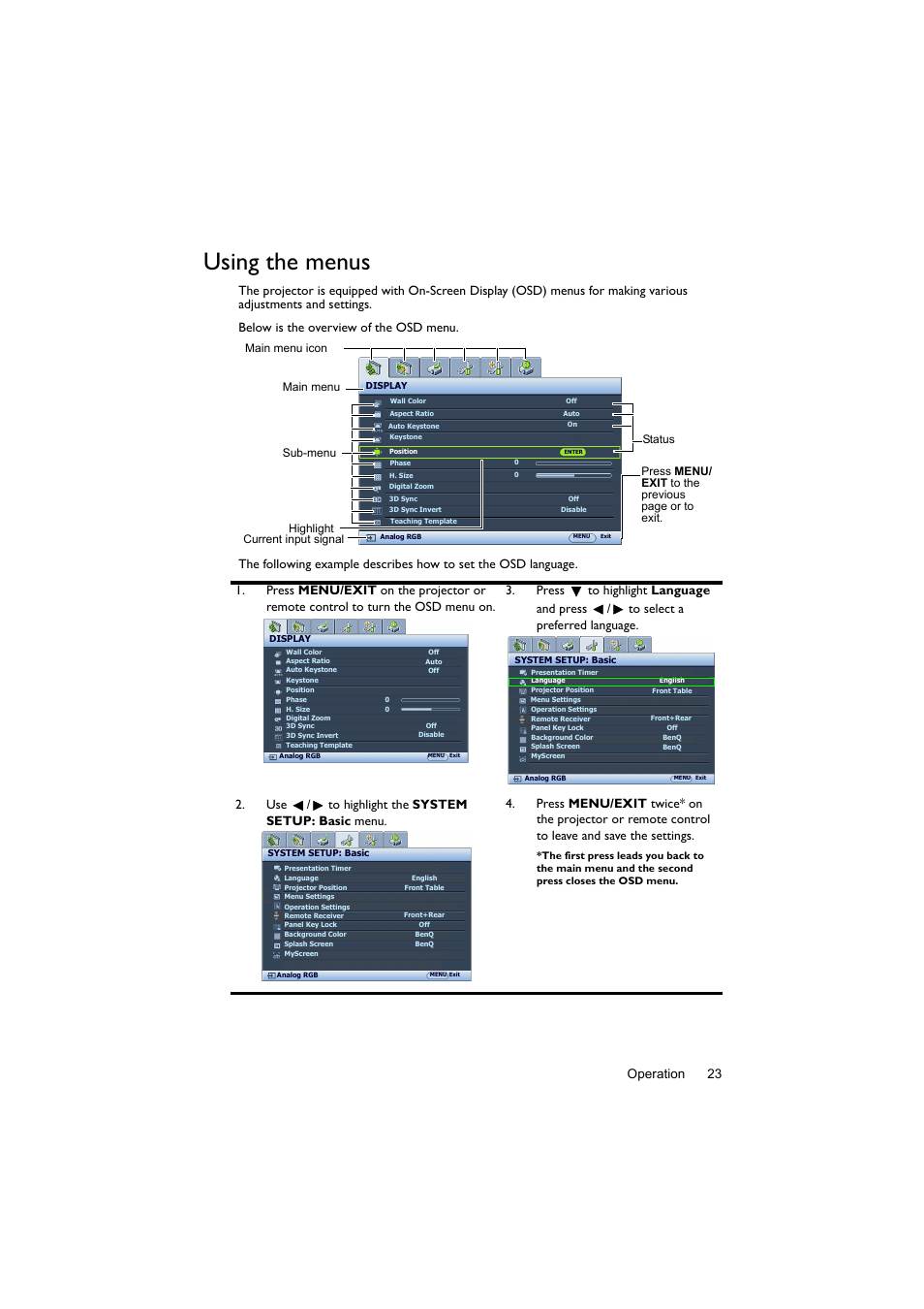 Using the menus, Operation 23 | BenQ Digital Projector LX60ST User Manual | Page 23 / 60