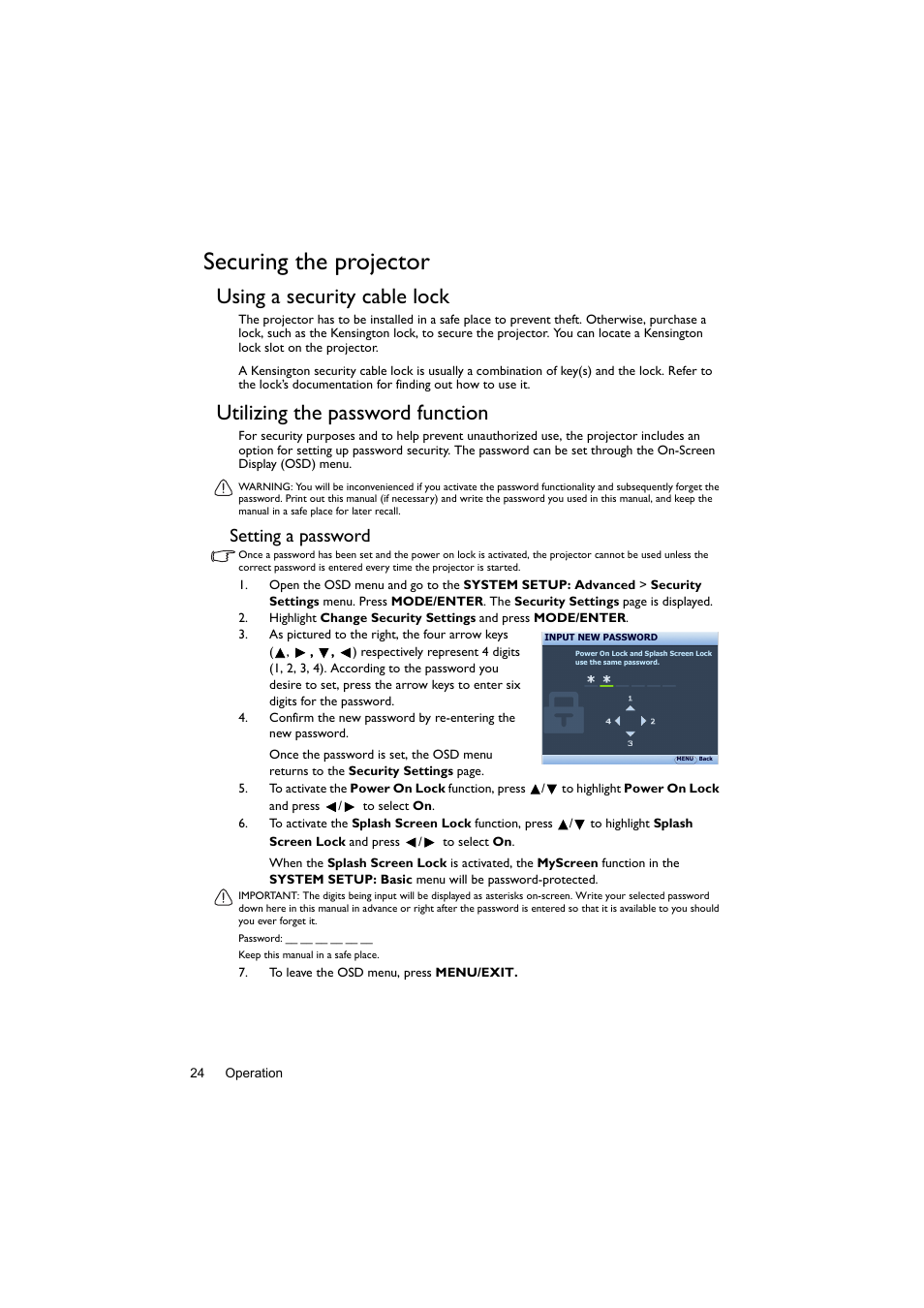 Securing the projector, Using a security cable lock, Utilizing the password function | Setting a password | BenQ Digital Projector LX60ST User Manual | Page 24 / 60