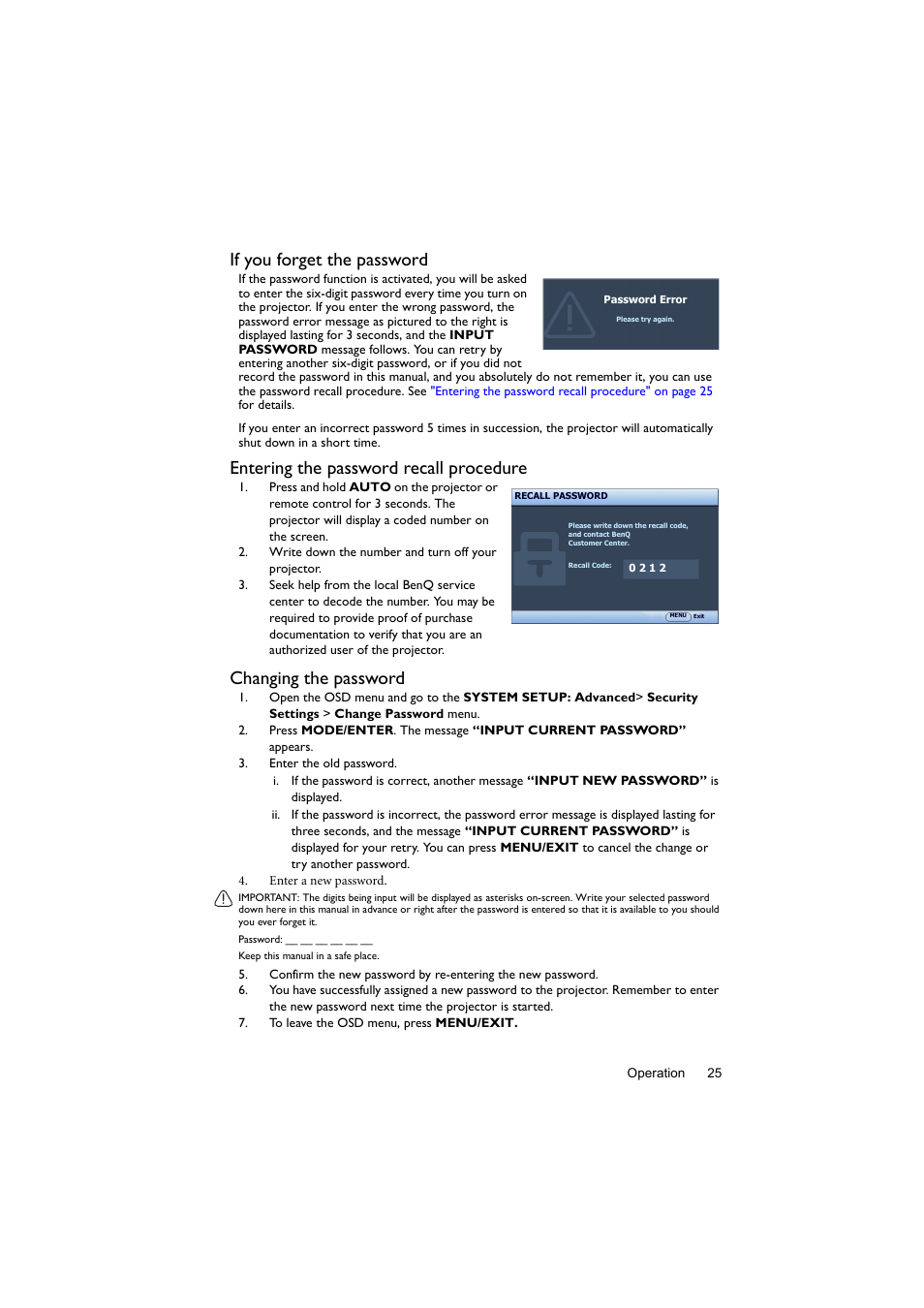 If you forget the password, Entering the password recall procedure, Changing the password | BenQ Digital Projector LX60ST User Manual | Page 25 / 60