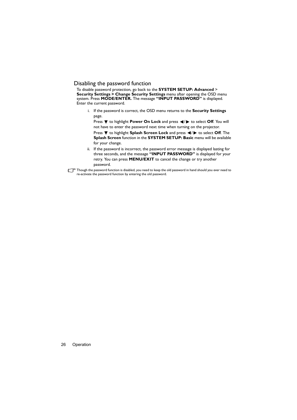 Disabling the password function | BenQ Digital Projector LX60ST User Manual | Page 26 / 60