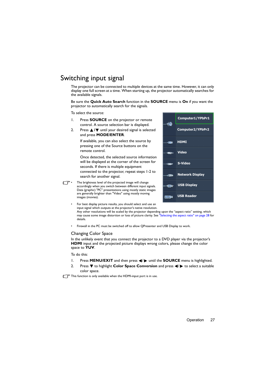 Switching input signal, Changing color | BenQ Digital Projector LX60ST User Manual | Page 27 / 60