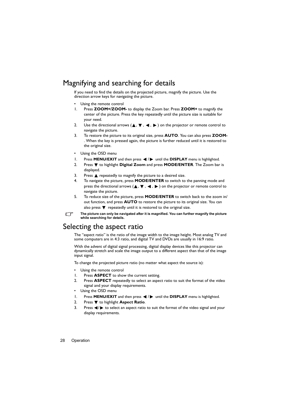 Magnifying and searching for details, Selecting the aspect ratio | BenQ Digital Projector LX60ST User Manual | Page 28 / 60