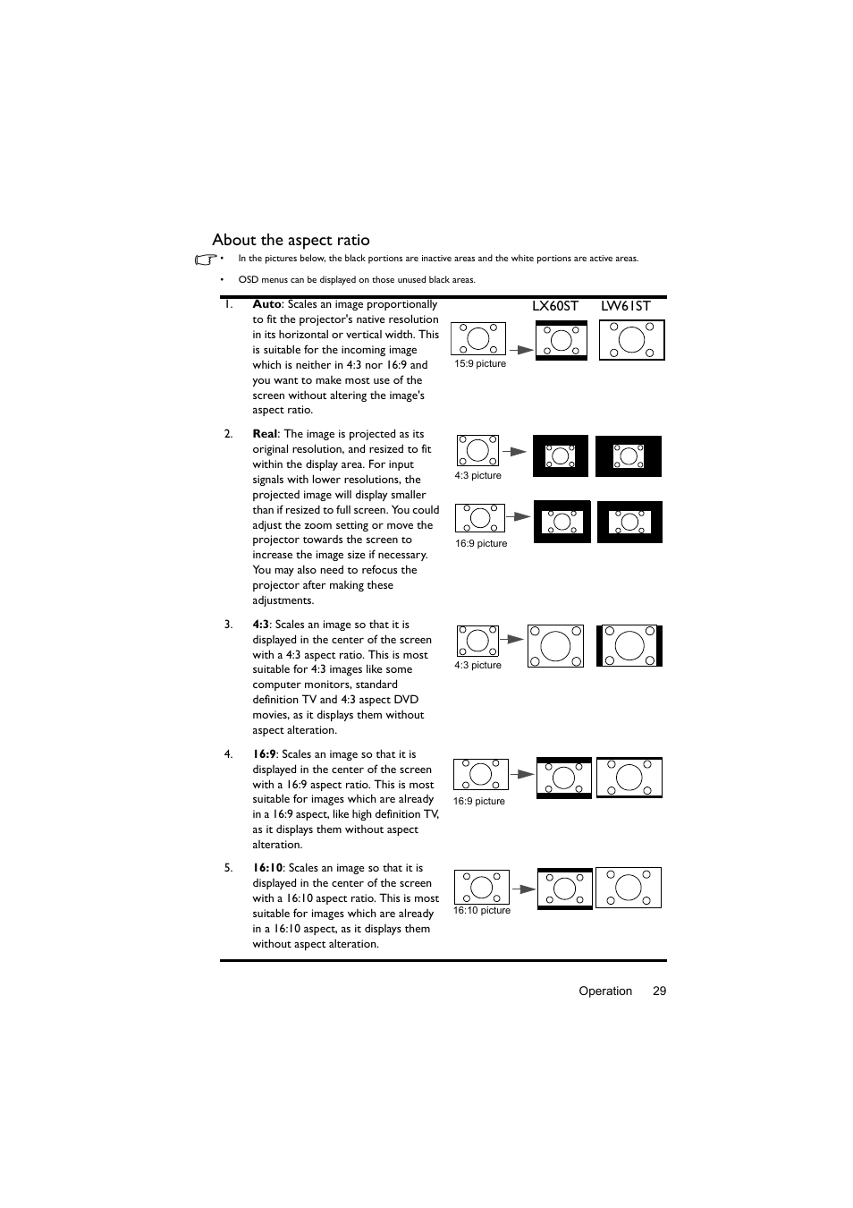 About the aspect ratio | BenQ Digital Projector LX60ST User Manual | Page 29 / 60