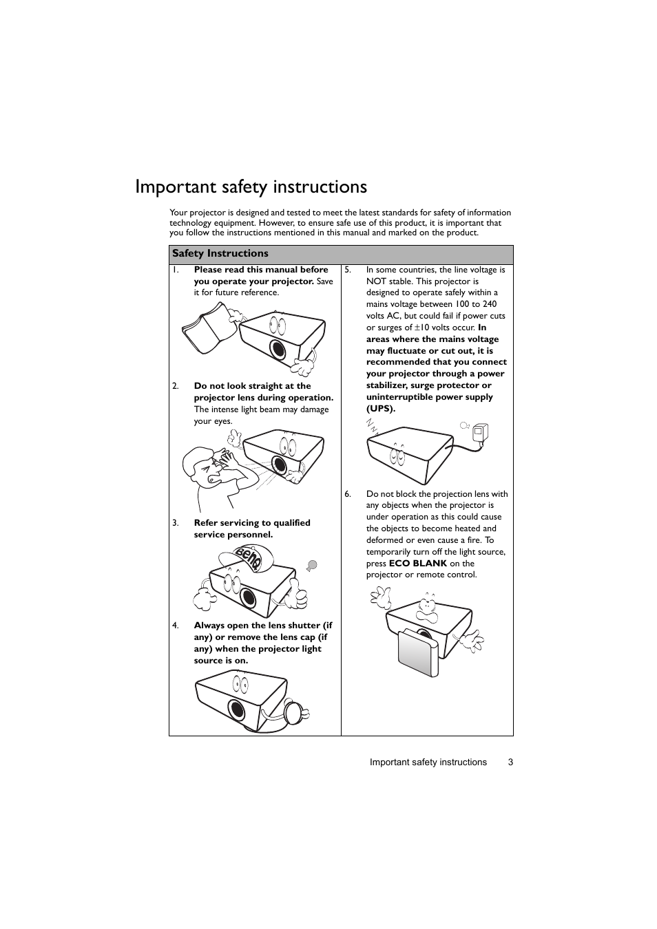 Important safety instructions | BenQ Digital Projector LX60ST User Manual | Page 3 / 60