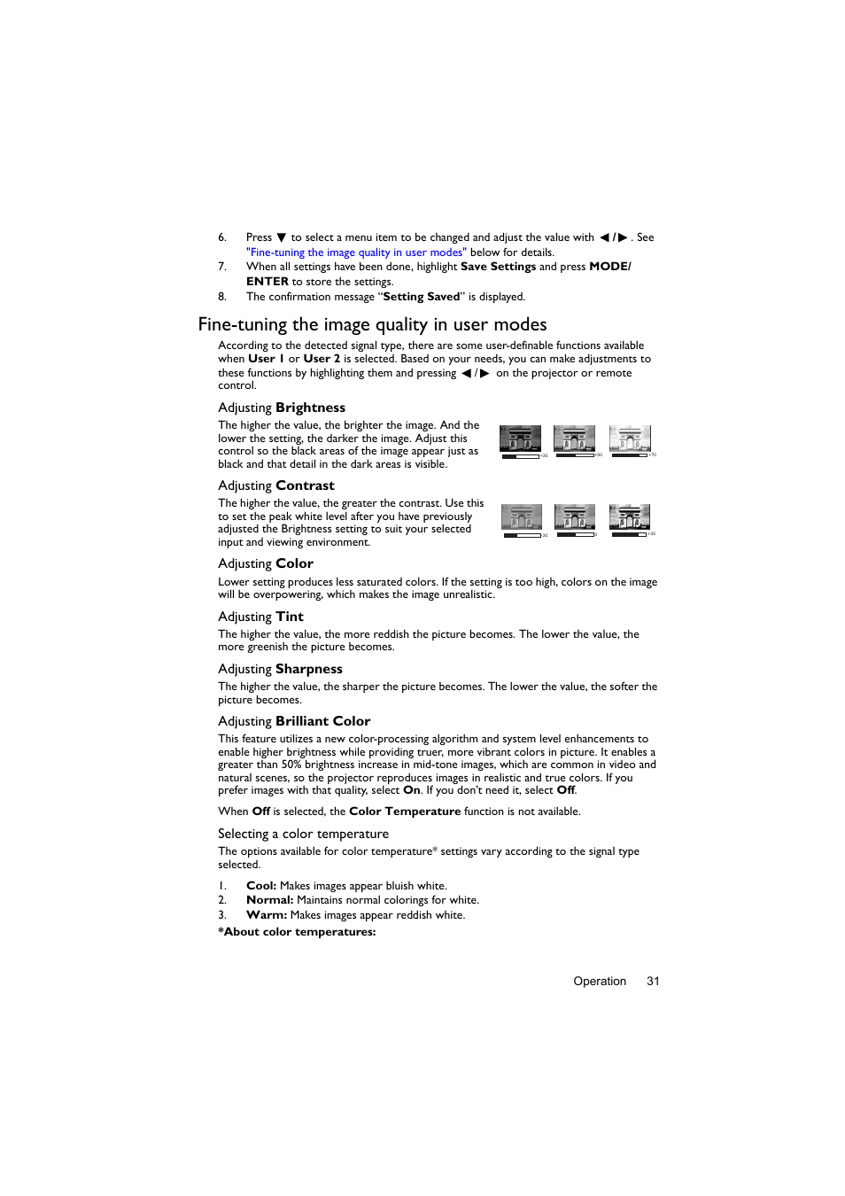 Fine-tuning the image quality in user modes | BenQ Digital Projector LX60ST User Manual | Page 31 / 60