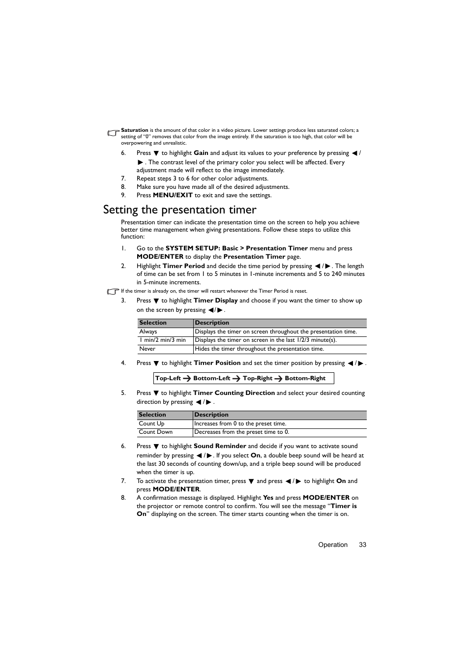 Setting the presentation timer | BenQ Digital Projector LX60ST User Manual | Page 33 / 60