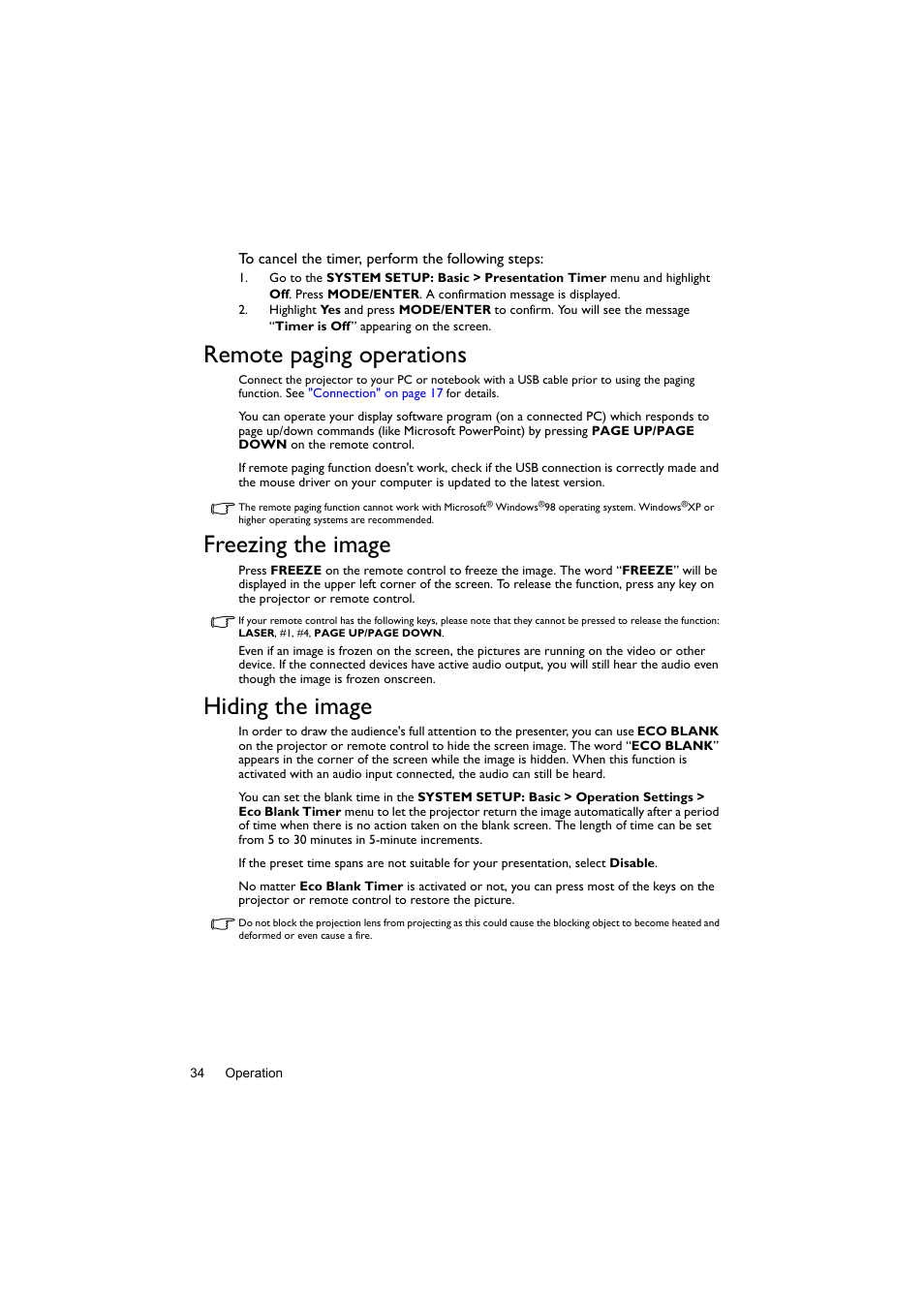 Remote paging operations, Freezing the image, Hiding the image | BenQ Digital Projector LX60ST User Manual | Page 34 / 60