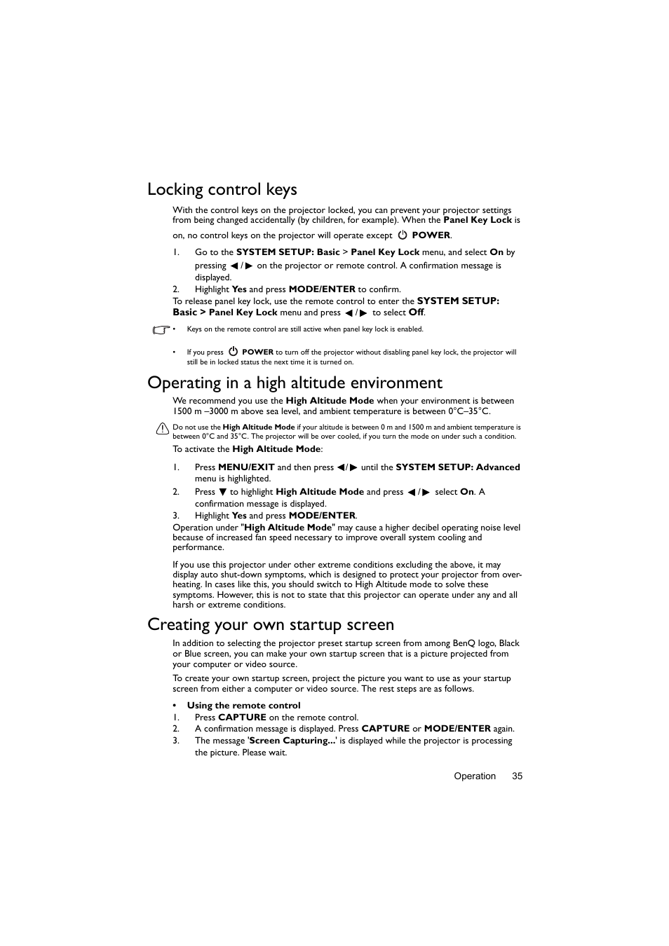 Locking control keys, Operating in a high altitude environment, Creating your own startup screen | BenQ Digital Projector LX60ST User Manual | Page 35 / 60