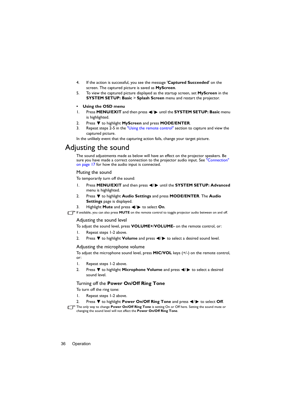 Adjusting the sound | BenQ Digital Projector LX60ST User Manual | Page 36 / 60