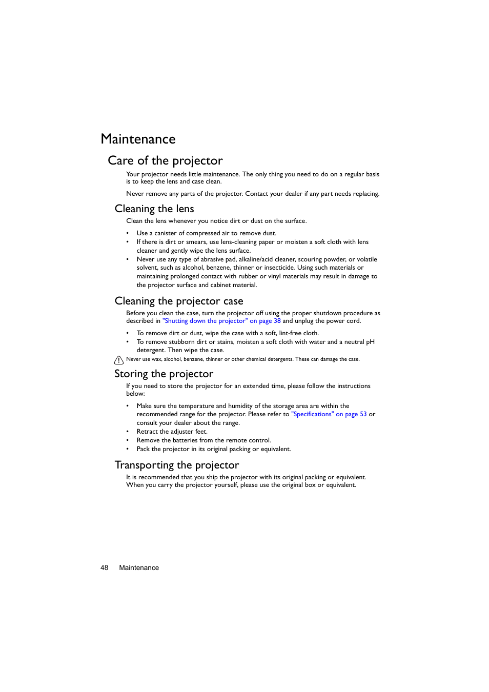 Maintenance, Care of the projector, Cleaning the lens | Cleaning the projector case, Storing the projector, Transporting the projector | BenQ Digital Projector LX60ST User Manual | Page 48 / 60