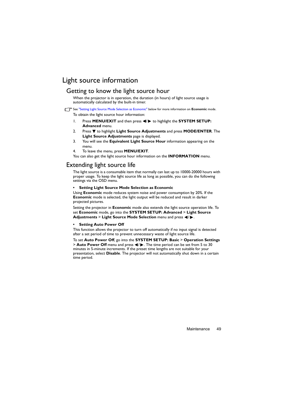 Light source information, Getting to know the light source hour, Extending light source life | Setting auto power off" on | BenQ Digital Projector LX60ST User Manual | Page 49 / 60