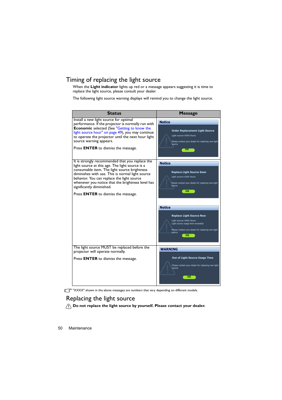 Timing of replacing the light source, Replacing the light source | BenQ Digital Projector LX60ST User Manual | Page 50 / 60