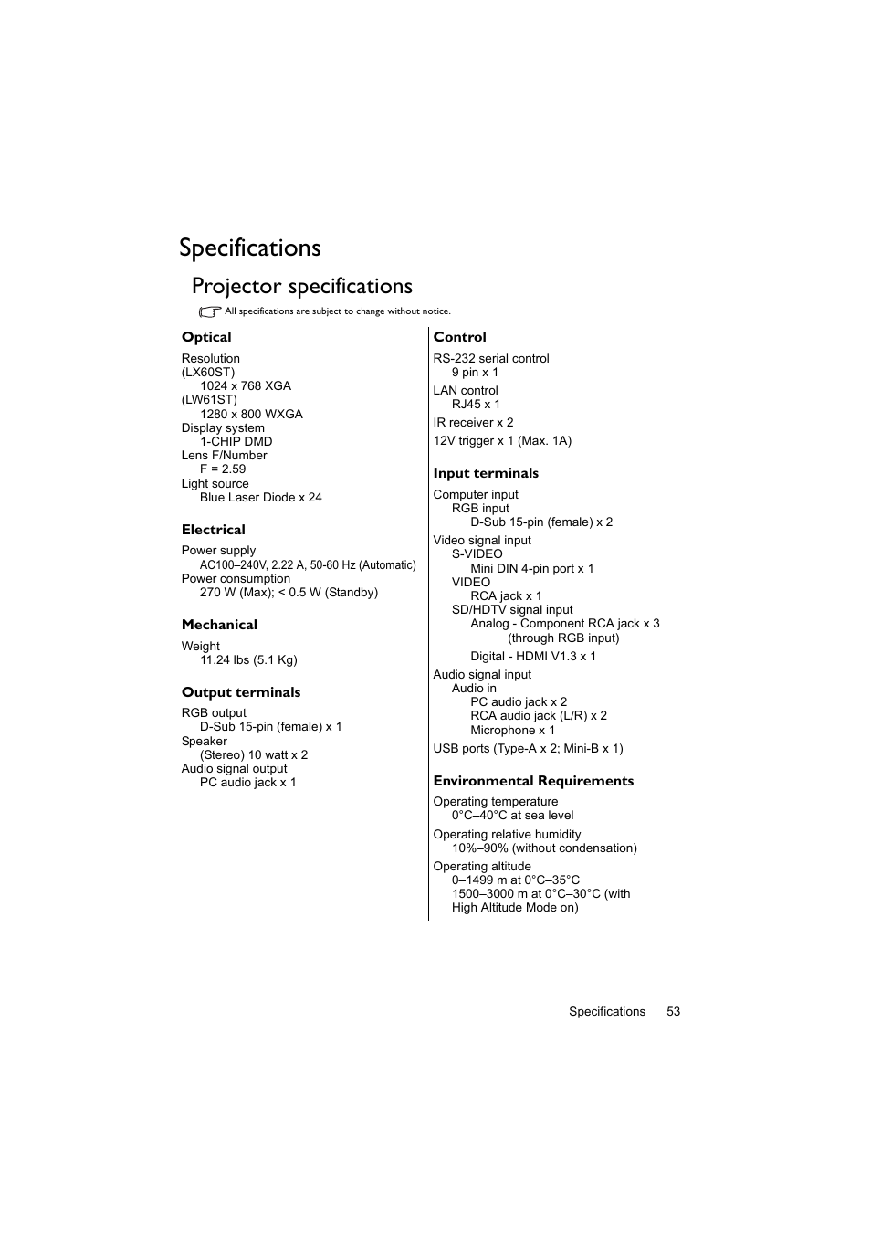 Specifications, Projector specifications | BenQ Digital Projector LX60ST User Manual | Page 53 / 60
