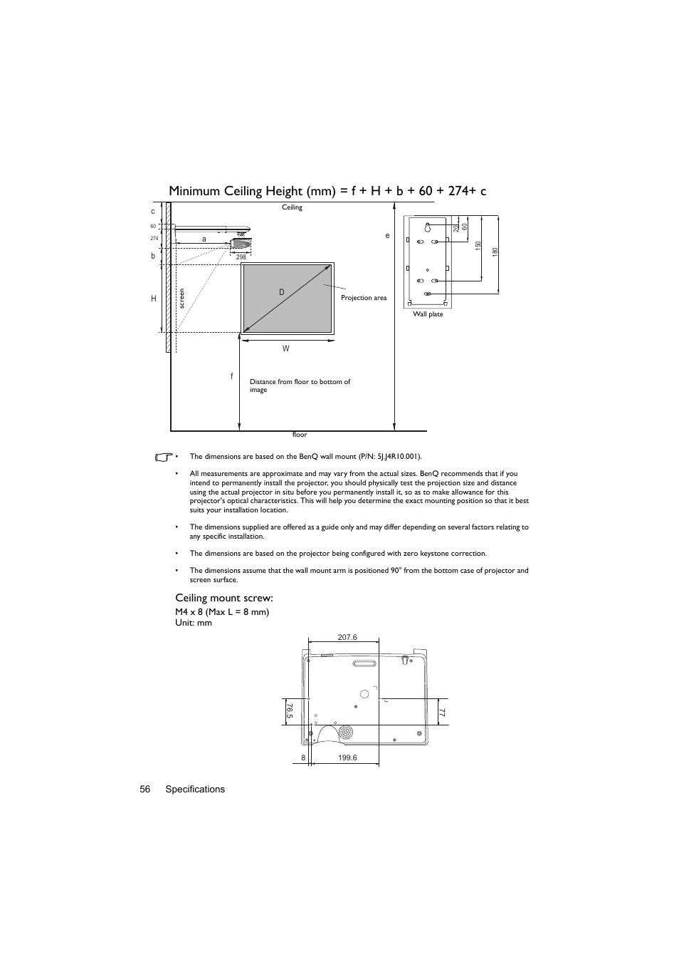 Ceiling mount screw | BenQ Digital Projector LX60ST User Manual | Page 56 / 60