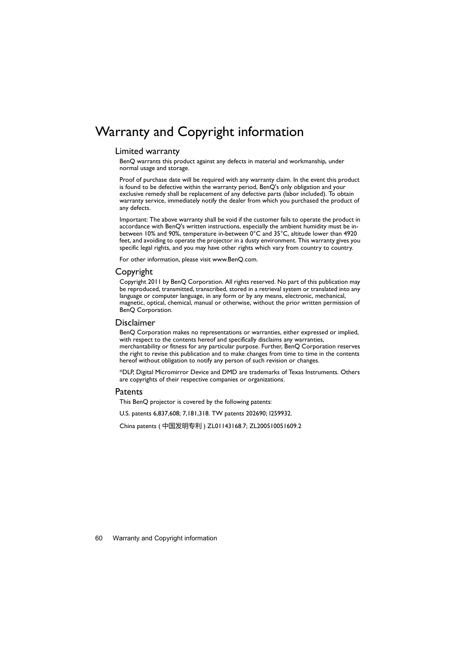 Warranty and copyright information, Limited warranty, Copyright | Disclaimer, Patents | BenQ Digital Projector LX60ST User Manual | Page 60 / 60