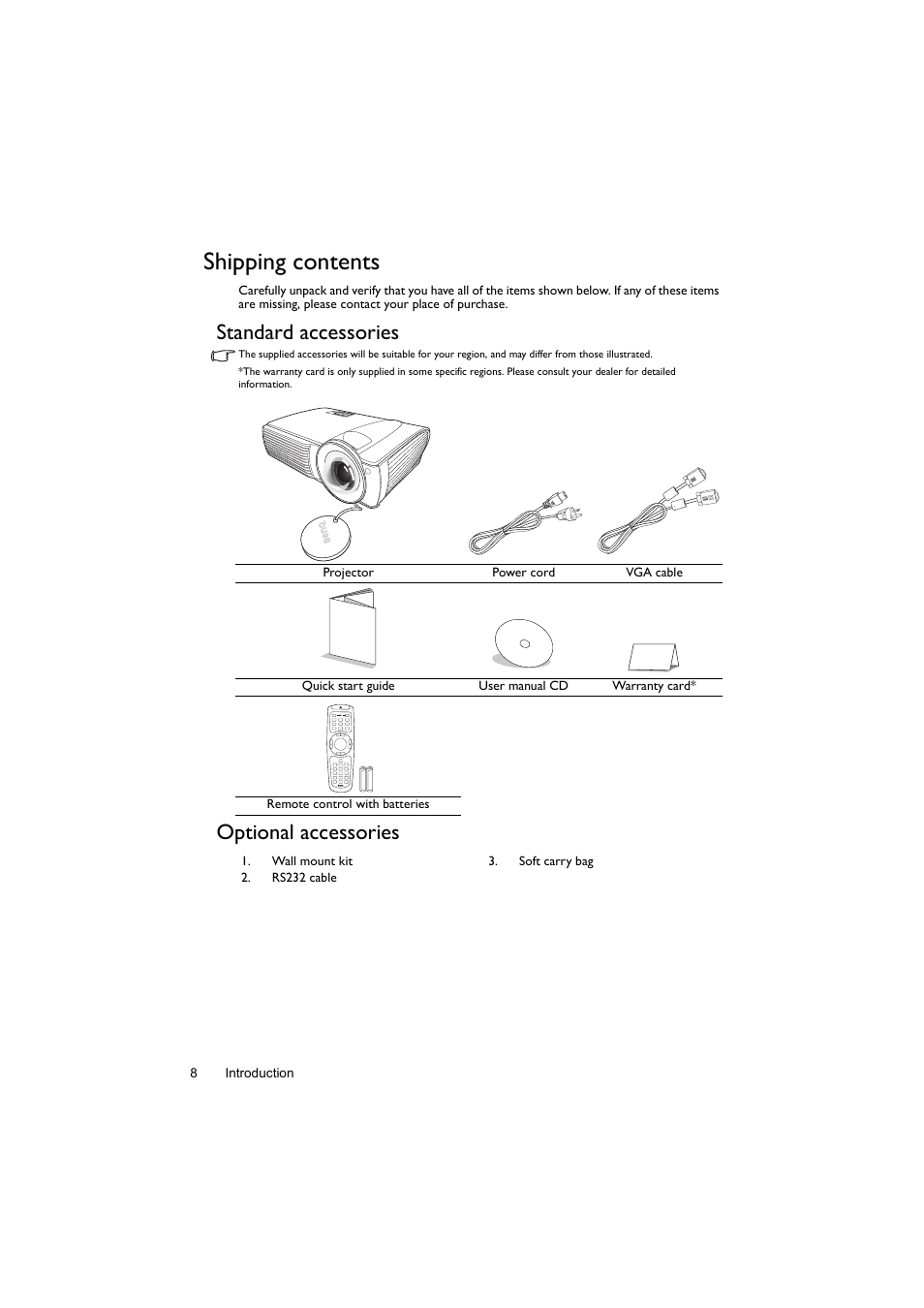Shipping contents, Standard accessories, Optional accessories | BenQ Digital Projector LX60ST User Manual | Page 8 / 60