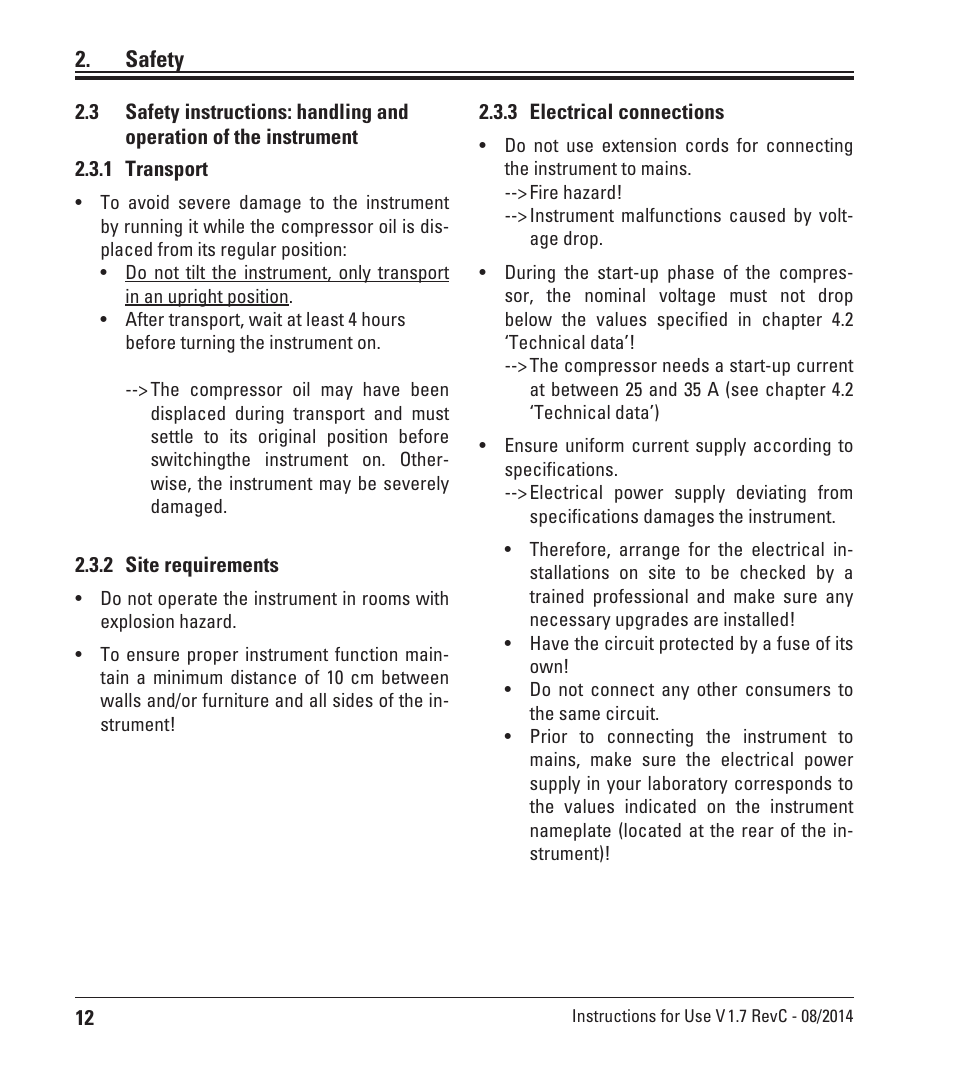 1 transport, 2 site requirements, 3 electrical connections | Safety | Leica Biosystems CM3050 S User Manual | Page 12 / 66