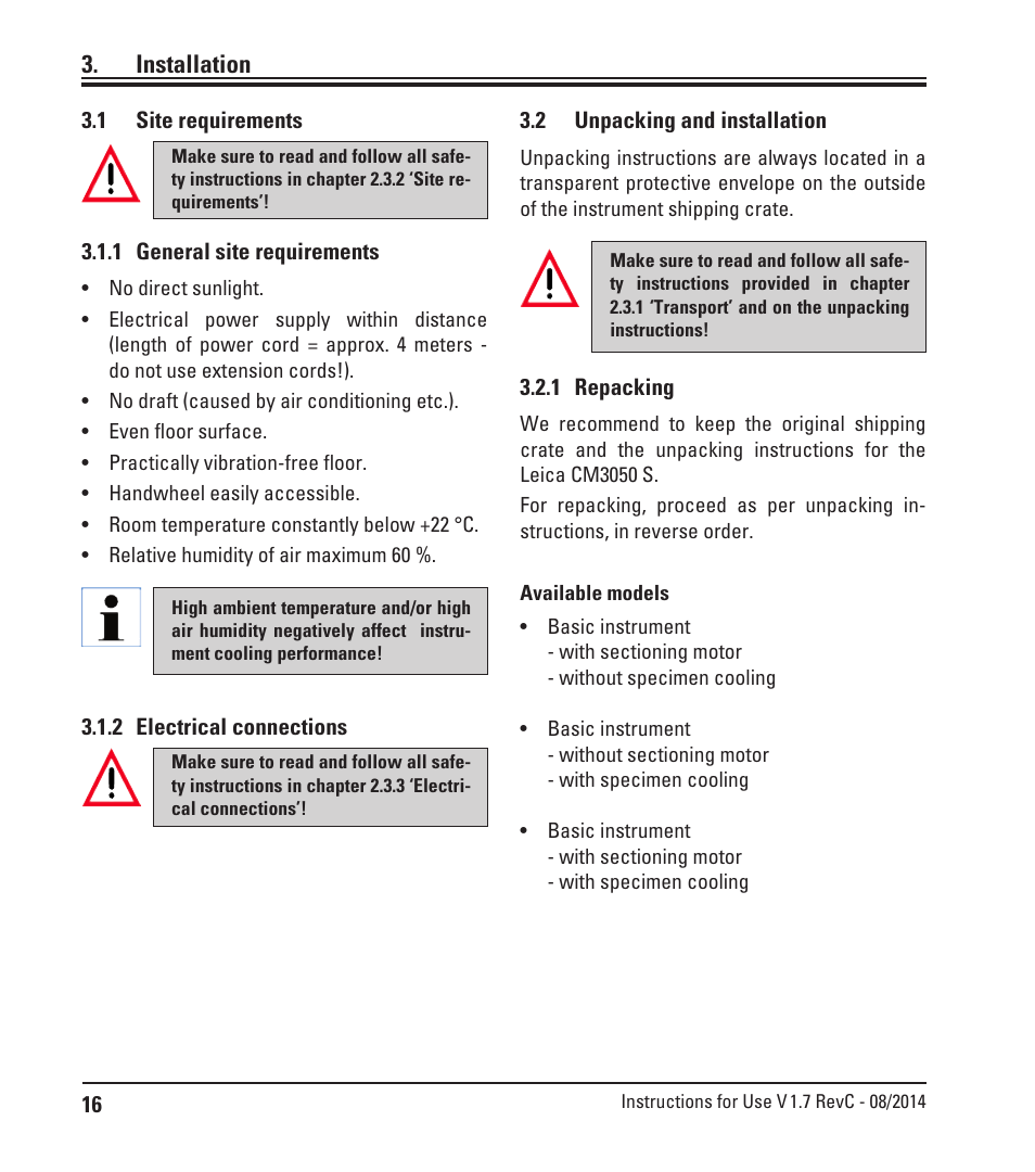 Installation, 1 site requirements, 1 general site requirements | 2 electrical connections, 2 unpacking and installation, 1 repacking, Site requirements, Unpacking and installation | Leica Biosystems CM3050 S User Manual | Page 16 / 66