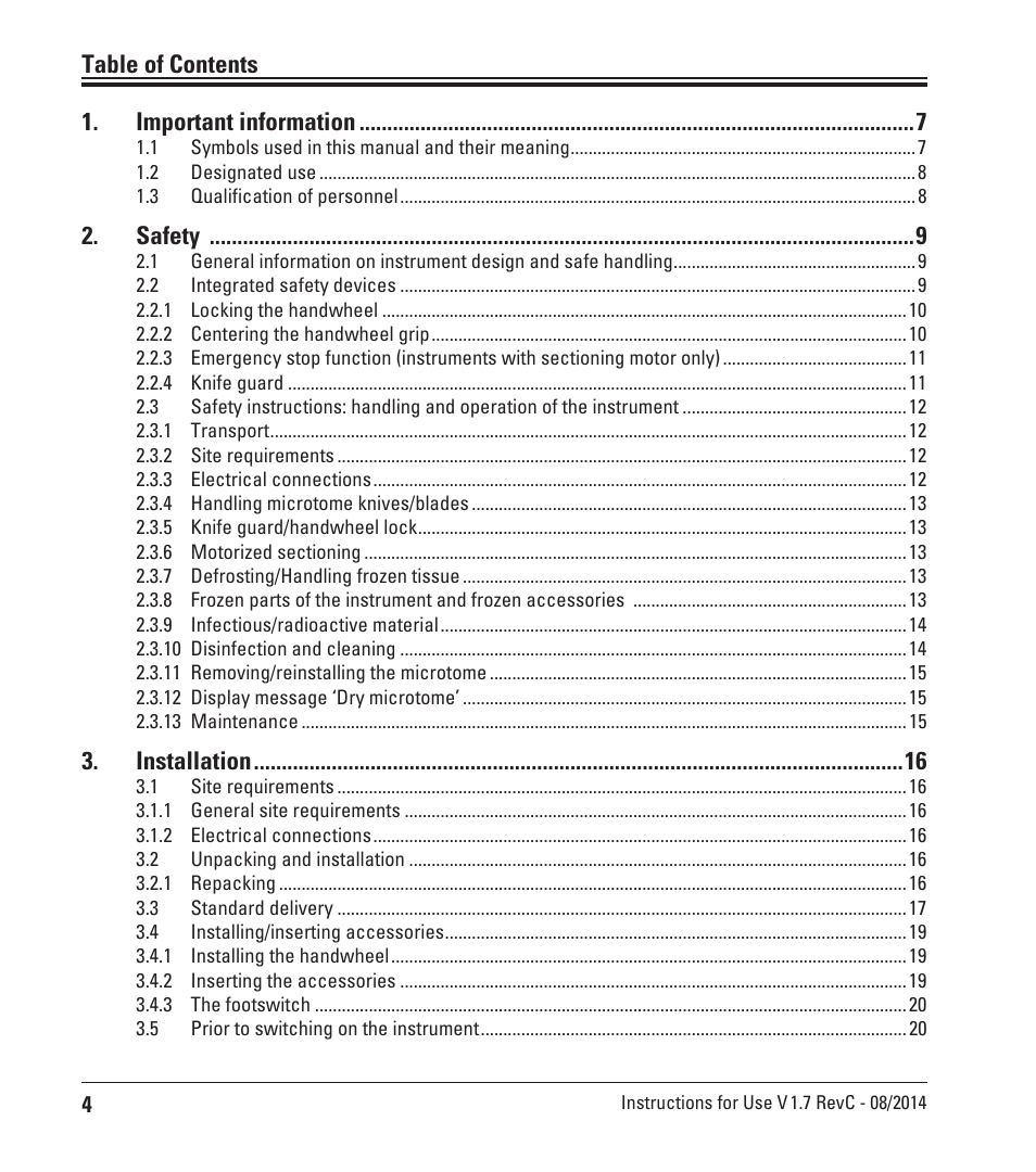 Table of contents 1. important information, Safety, Installation | Leica Biosystems CM3050 S User Manual | Page 4 / 66