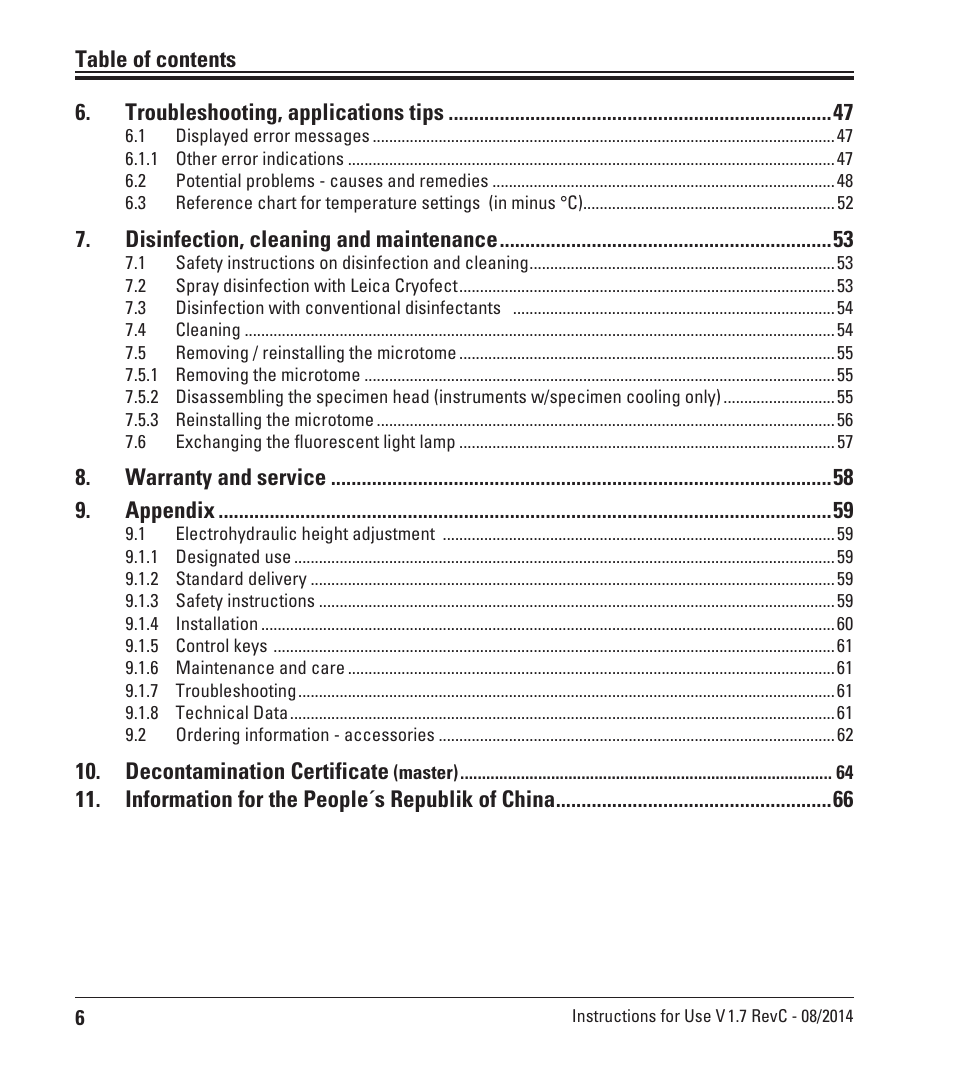 Disinfection, cleaning and maintenance, Warranty and service 9. appendix, Decontamination certificate | Information for the people´s republik of china | Leica Biosystems CM3050 S User Manual | Page 6 / 66