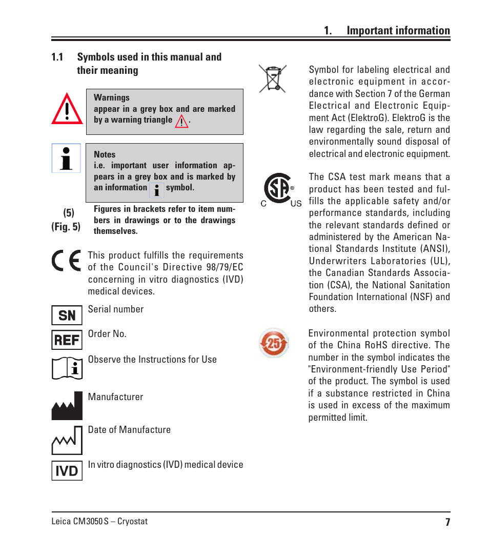 Important information, 1 symbols used in this manual and their meaning, Symbols used in this manual and their meaning | Leica Biosystems CM3050 S User Manual | Page 7 / 66