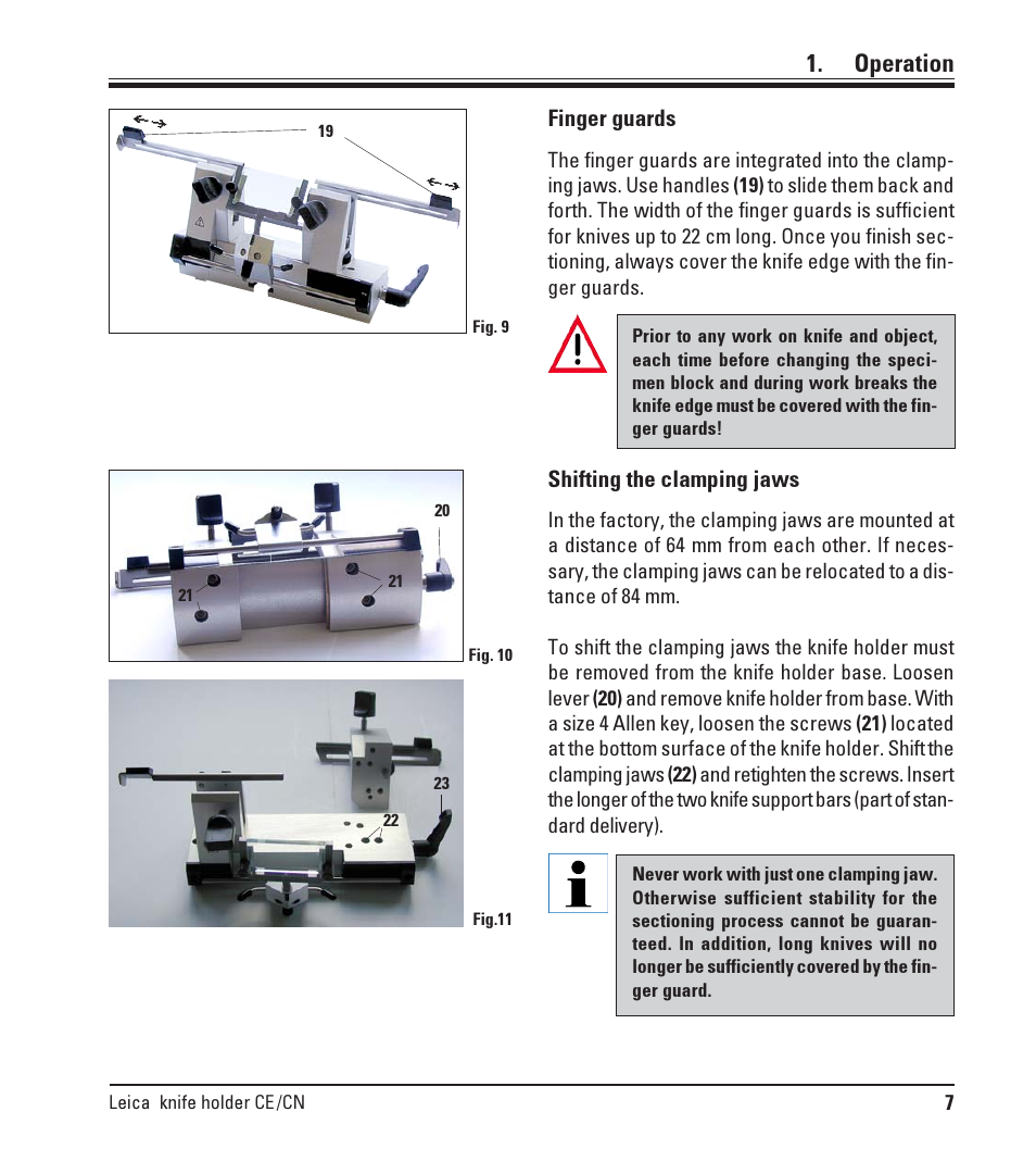 Operation, Finger guards, Shifting the clamping jaws | Leica Biosystems CN Knife holder User Manual | Page 7 / 14