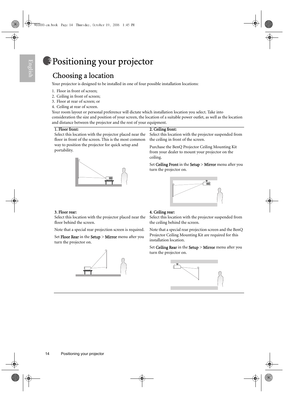 Positioning your projector, Choosing a location, English | BenQ W10000/W9000 User Manual | Page 14 / 36