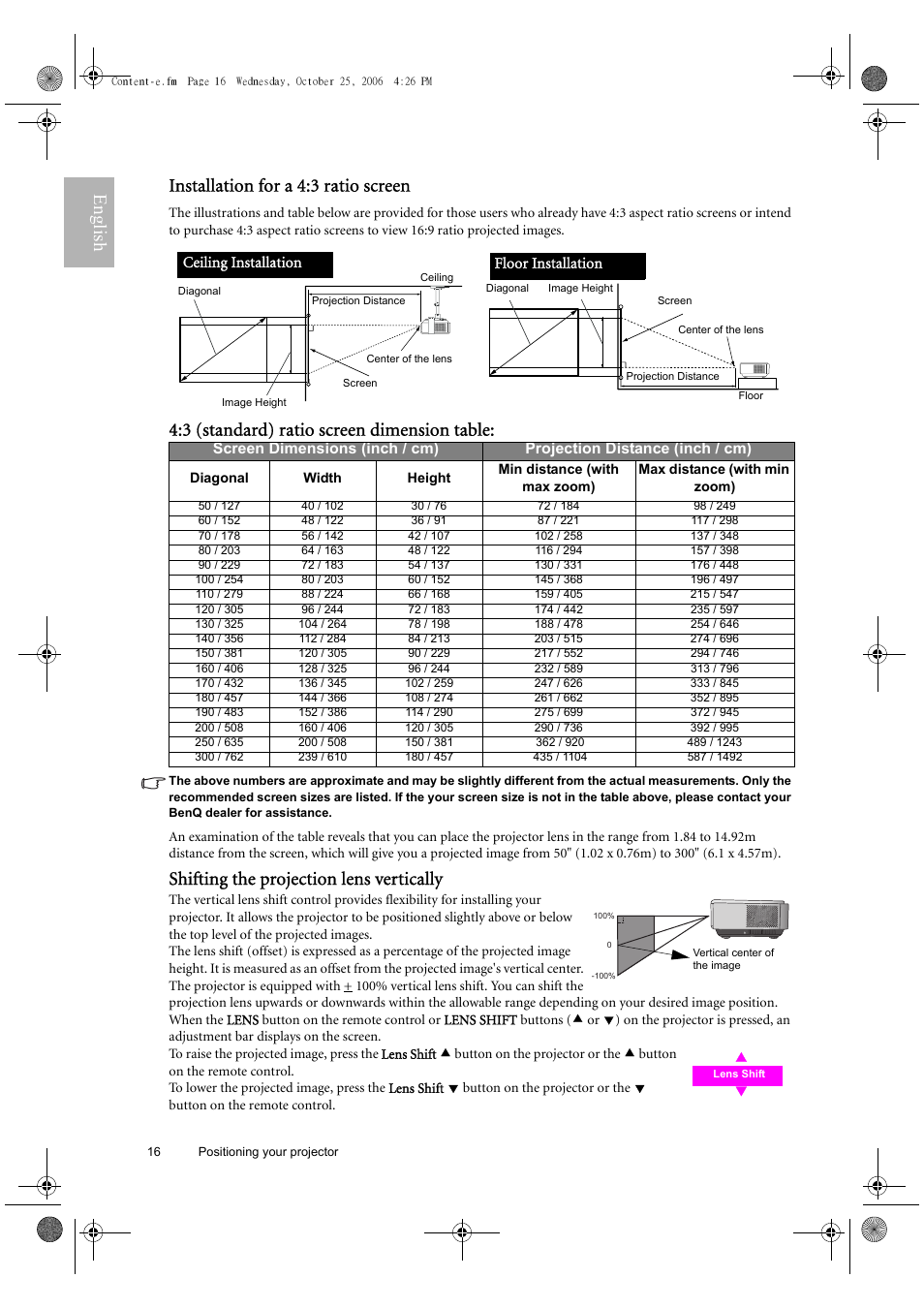 English installation for a 4:3 ratio screen, 3 (standard) ratio screen dimension table, Shifting the projection lens vertically | BenQ W10000/W9000 User Manual | Page 16 / 36