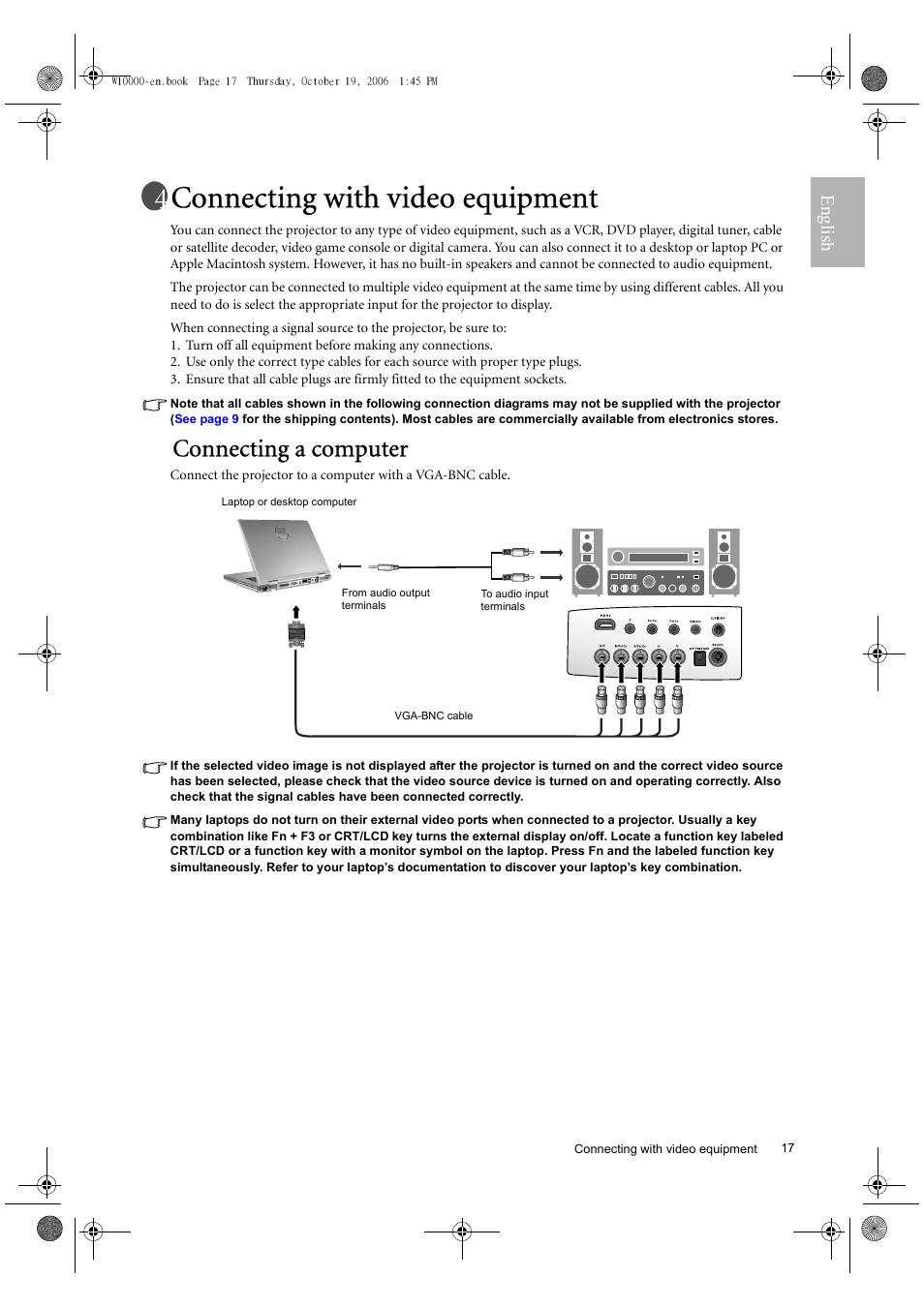 Connecting with video equipment, Connecting a computer, English | BenQ W10000/W9000 User Manual | Page 17 / 36