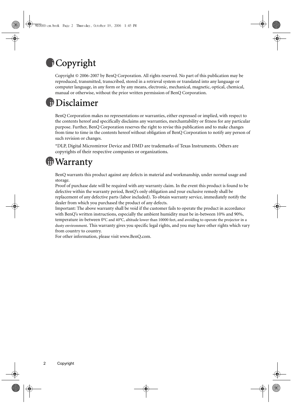 Copyright, Disclaimer, Warranty | BenQ W10000/W9000 User Manual | Page 2 / 36