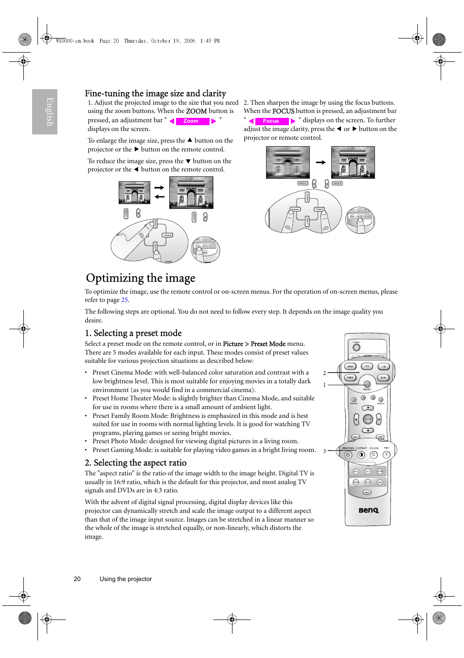 Optimizing the image, English fine-tuning the image size and clarity, Selecting a preset mode | Selecting the aspect ratio | BenQ W10000/W9000 User Manual | Page 20 / 36