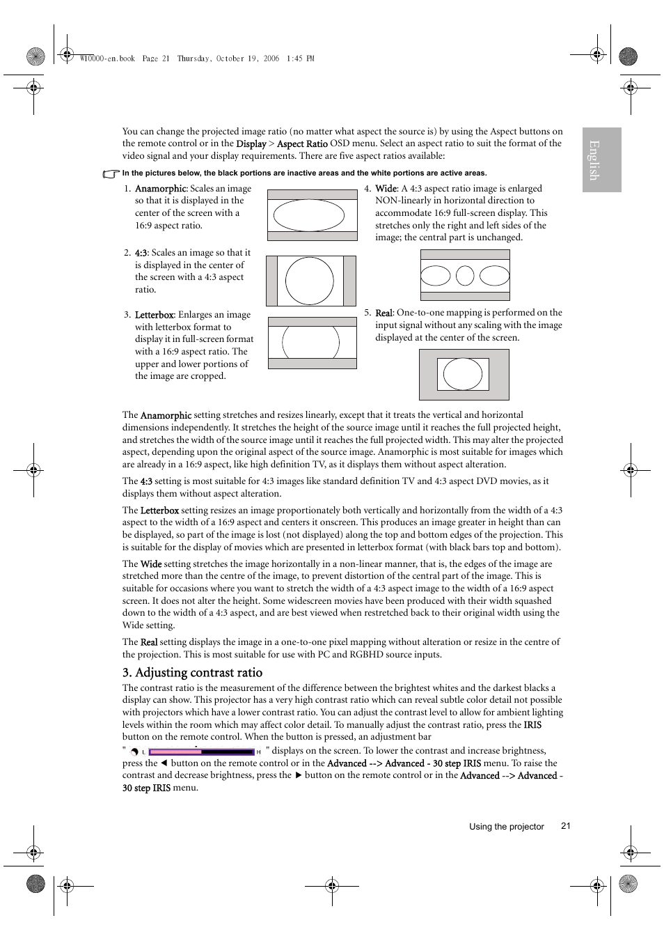 English, Adjusting contrast ratio | BenQ W10000/W9000 User Manual | Page 21 / 36