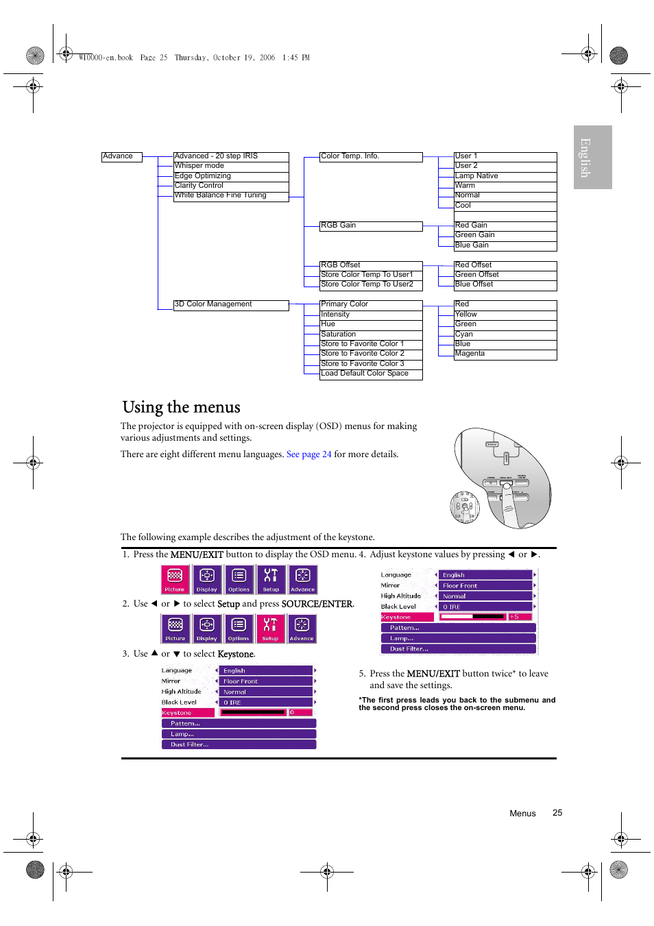 Using the menus, English | BenQ W10000/W9000 User Manual | Page 25 / 36