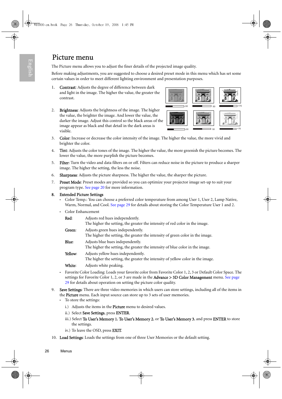 Picture menu, English | BenQ W10000/W9000 User Manual | Page 26 / 36