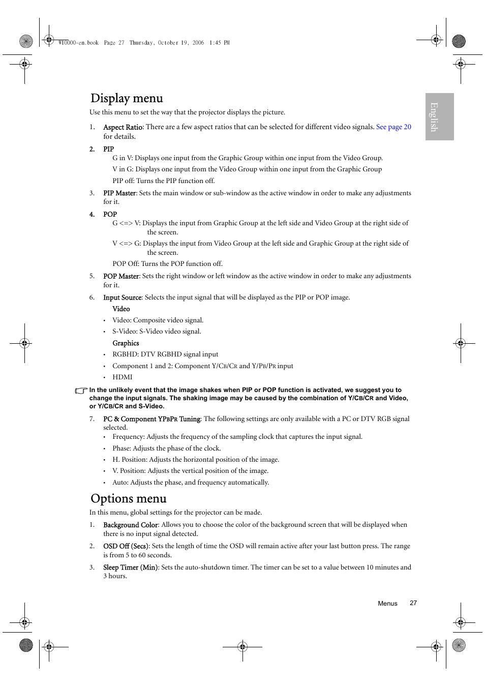 Display menu, Options menu, English | BenQ W10000/W9000 User Manual | Page 27 / 36