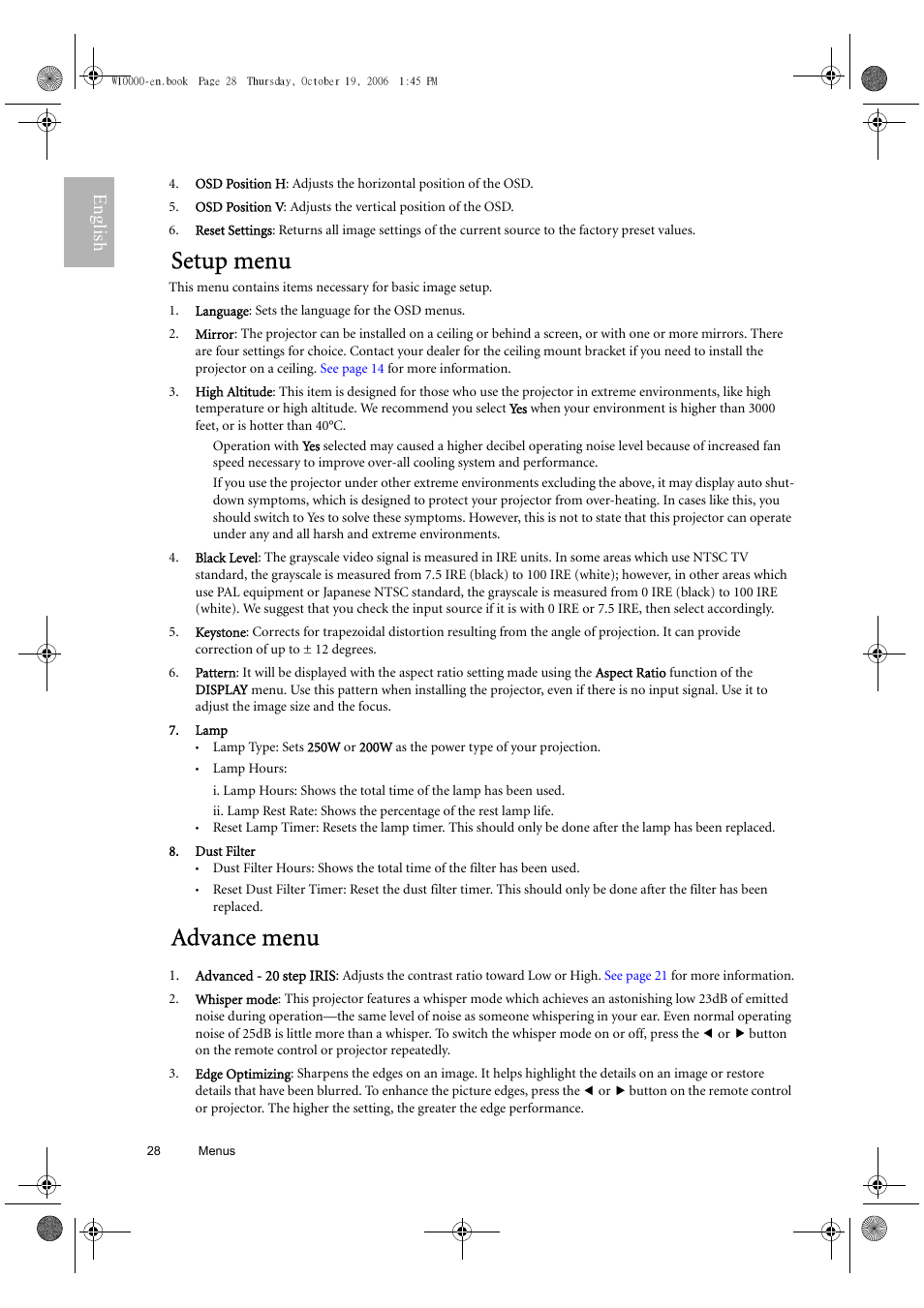 Setup menu, Advance menu, English | BenQ W10000/W9000 User Manual | Page 28 / 36